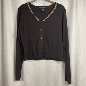 Larry Levine Button Up Sweater Top - Brown Crop - Long Sleeve -Suede & Bead Trim